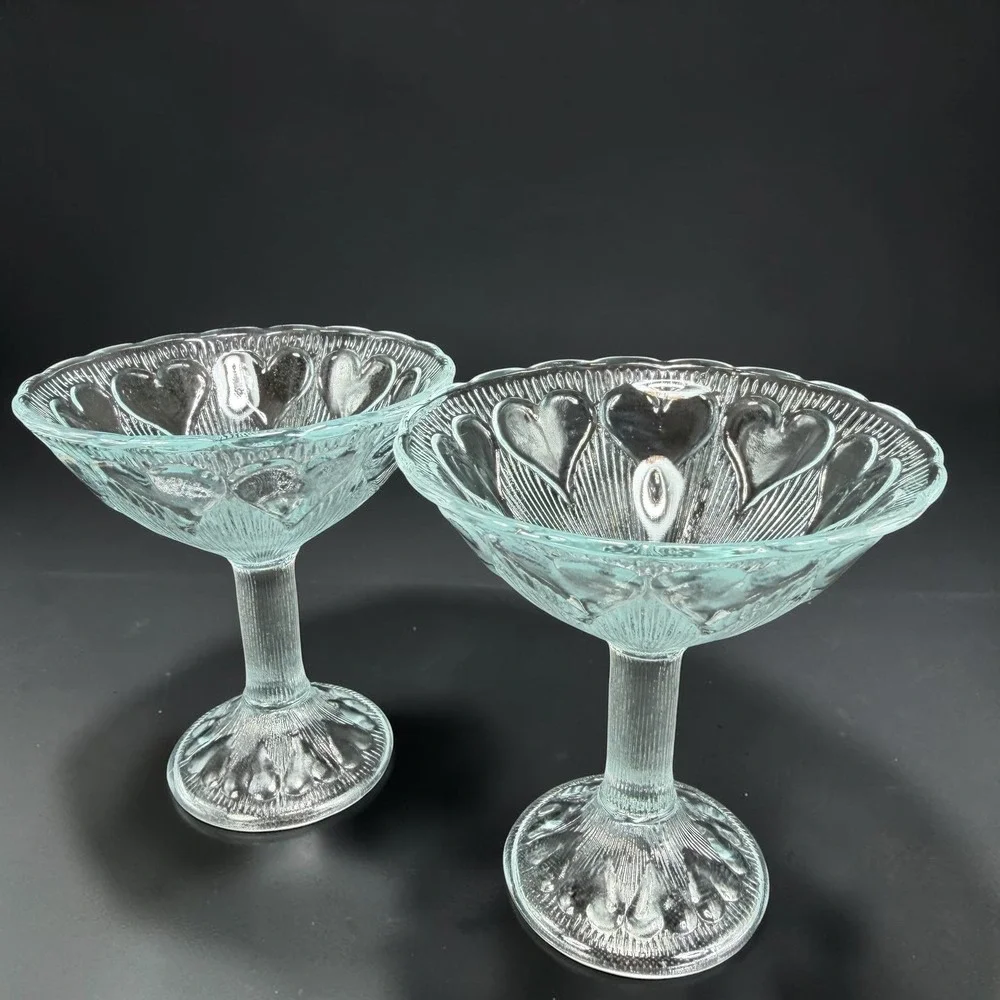 Williams Sonoma Heart Embossed Glass Dessert Martini Cups Set 2 Blue Pedestal